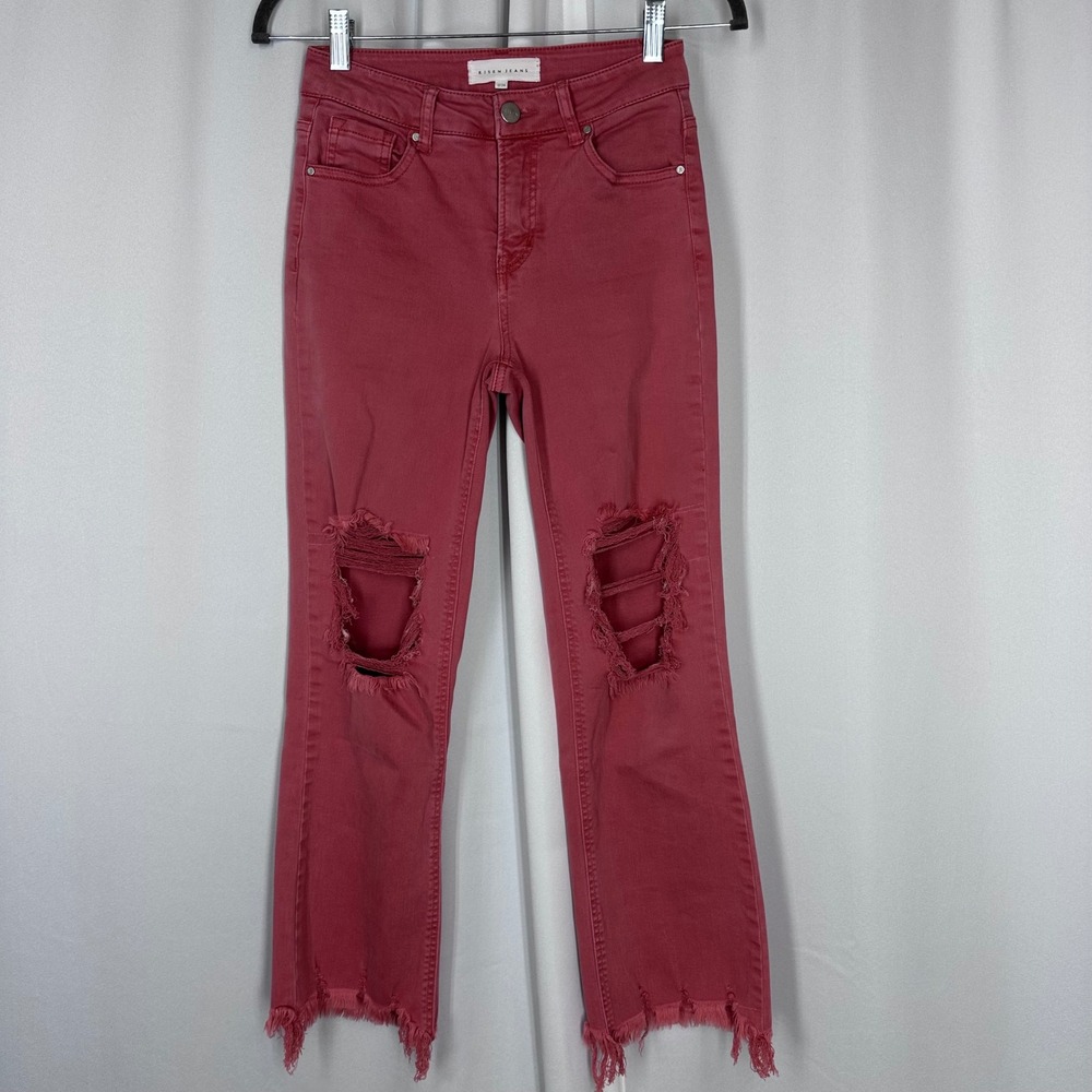 Risen Jeans 0/24 Pink Distressed‎ Cropped Flare Raw Hem Stretch Jeans
